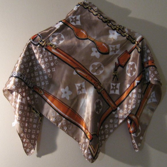 Flower Clover Monogram Scarf, Brown Tan, Large - Picture 3 of 7